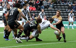 Widnes Vikings v Wigan Warriors 11th March 2012. Lloyd White touches down for the fourth try for the Vikings.