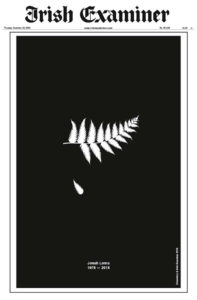 Irish Examiner 19 November 2015 front page commemorates Jonah Lomu with a silver fern and a frond falling on black picture supplied via twitter Irish Examiner ‏@irishexaminer 3h3 hours ago A tribute from our front page to the late rugby legend #JonahLomu who sadly passed away at the age of 40. #RIPJonah